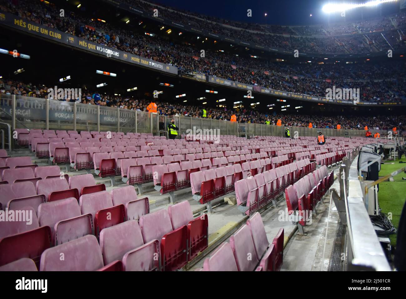 BARCELONA, SPAIN - APRIL 18: After Eintracht Frankfurt defeat Barcelona in Europe League, a Barcelona fan group boycott the La Liga match between FC Barcelona and Cádiz at Camp Nou on April 18, 2022, in Barcelona, Spain. (Photo by Sara Aribo/PxImages) Stock Photo