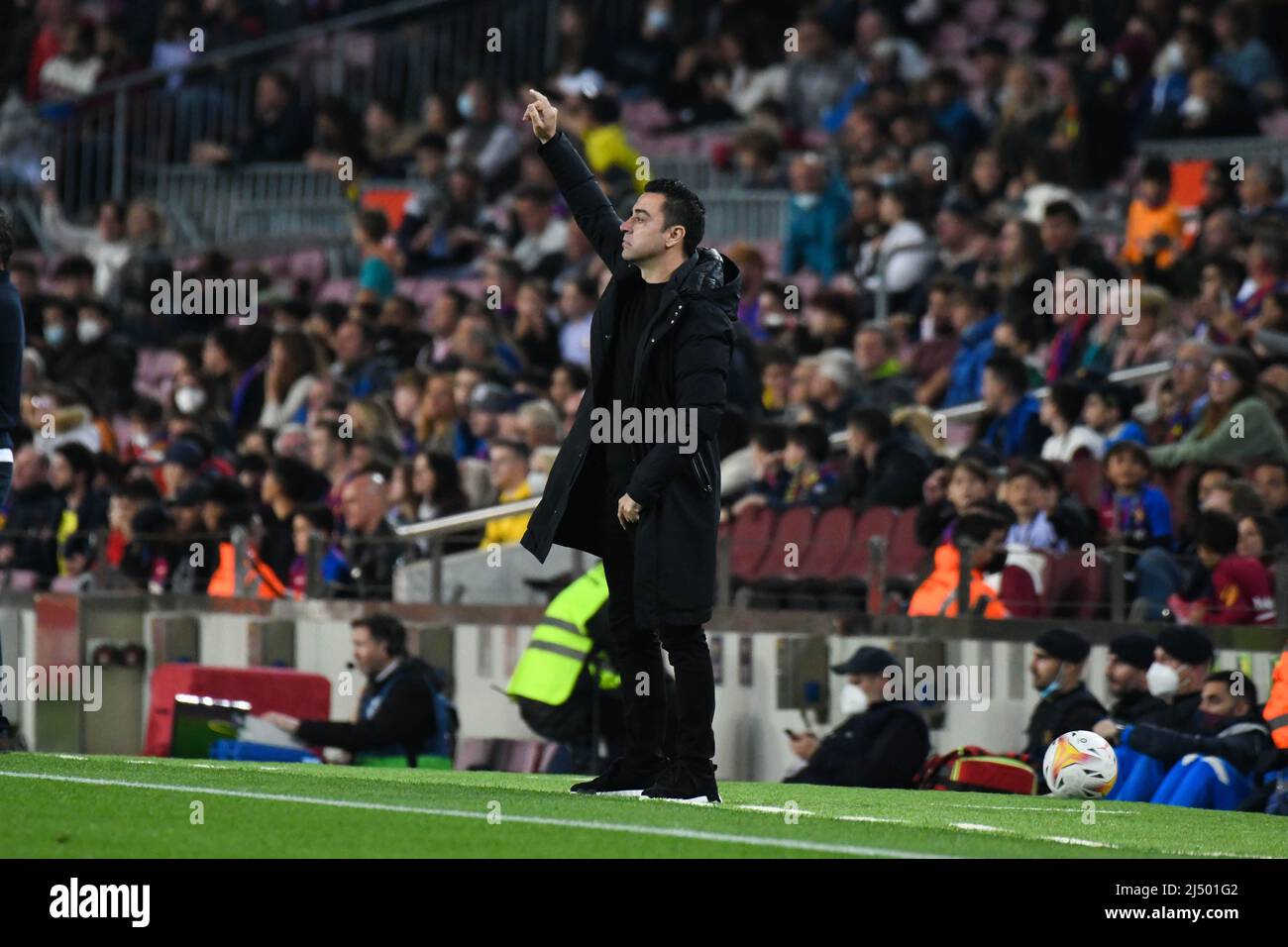 BARCELONA, SPAIN - APRIL 18: Xavi, Coach of FC Barcelona during La Liga 2022 match between FC Barcelona and Cádiz at Camp Nou on April 18, 2022 in Barcelona, Spain. (Photo by Sara Aribo/PxImages) Stock Photo