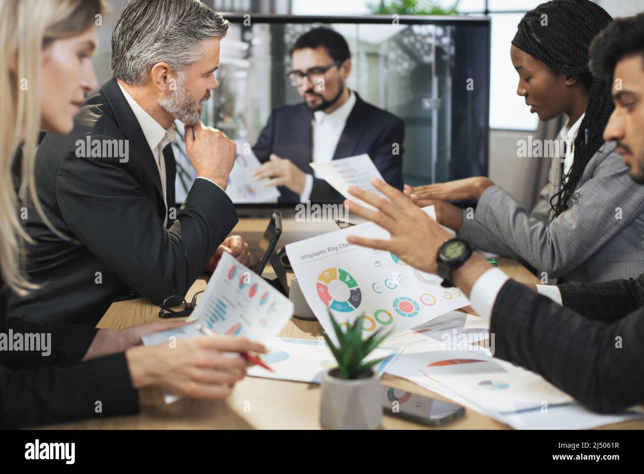 Electronic meeting concept. Diverse group of multiracial business