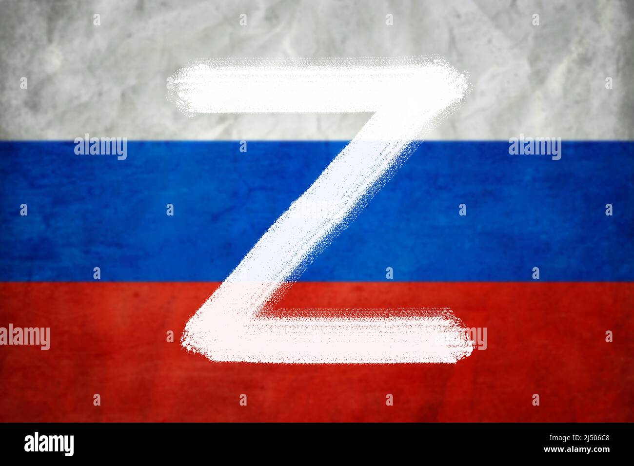 Letter Z on Russian flag background, military symbol of Russia used in Russia-Ukraine war. Painted logo Z for Russian army force. Concept of World fam Stock Photo