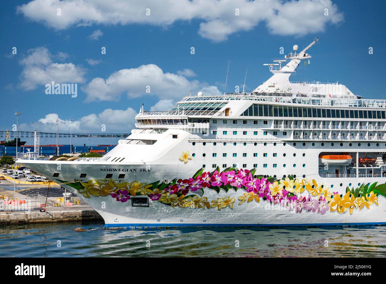 The tropically painted bow of the Norwegian Cruise Line’s Norwegian Sky, docked at the Port of Miami in Florida. Stock Photo
