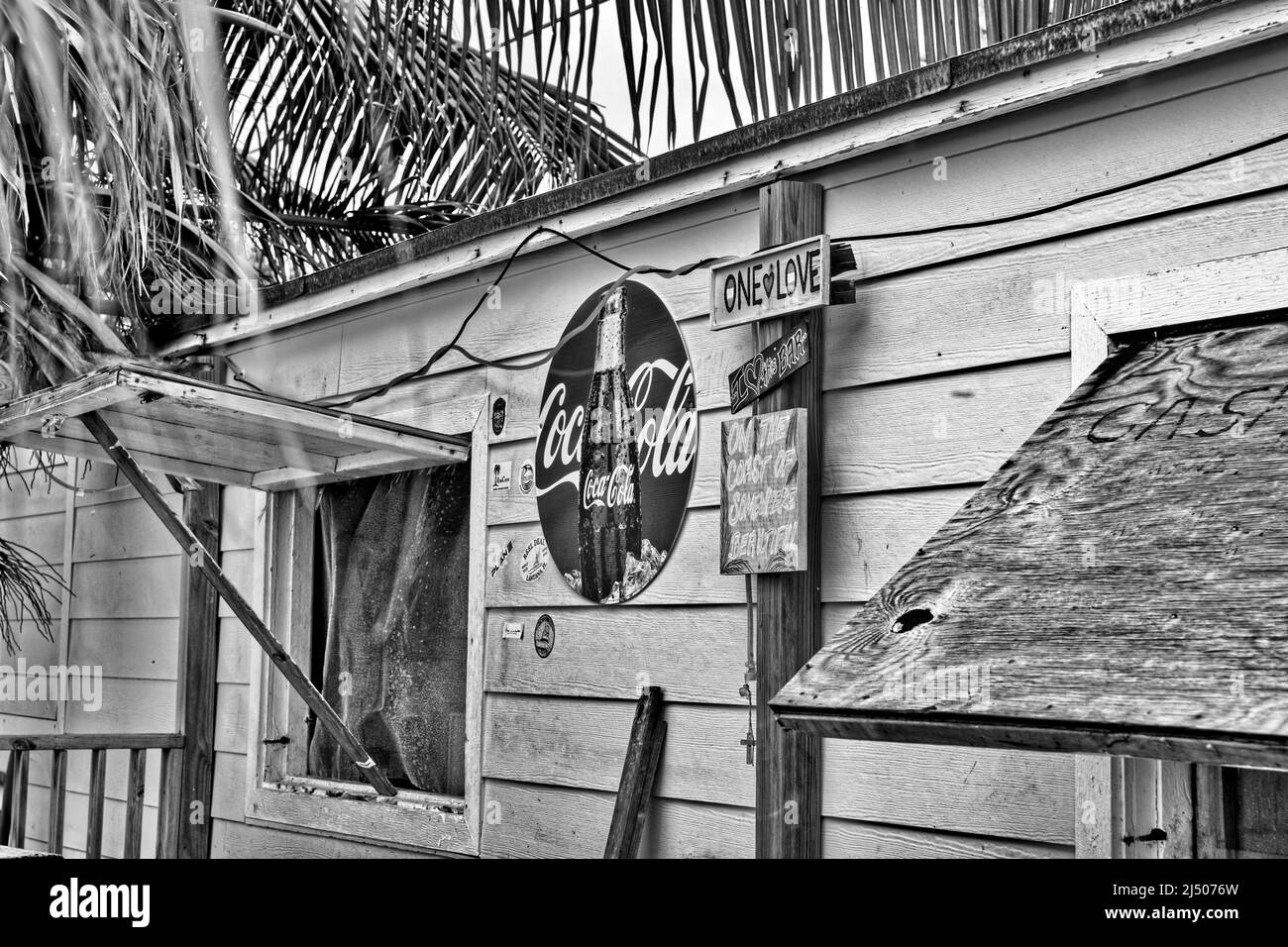 A native Bahamian seafood restaurant on the beach at Bimini in the Bahamas. Stock Photo