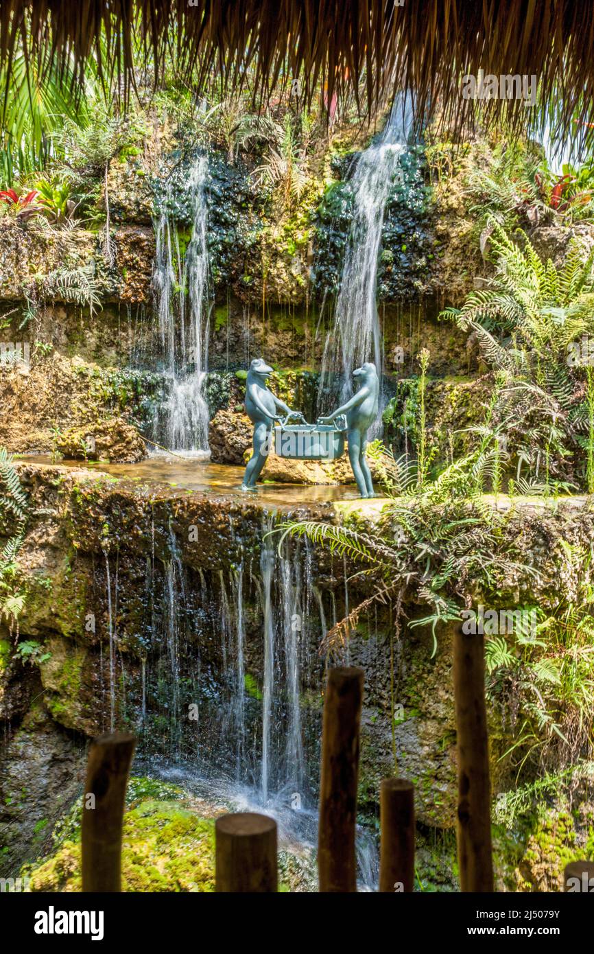 A whimsical statue by a waterfall at Schnebly’s, the Southernmost winery in the United States, located in the agricultural area of Miami-Dade County, Stock Photo