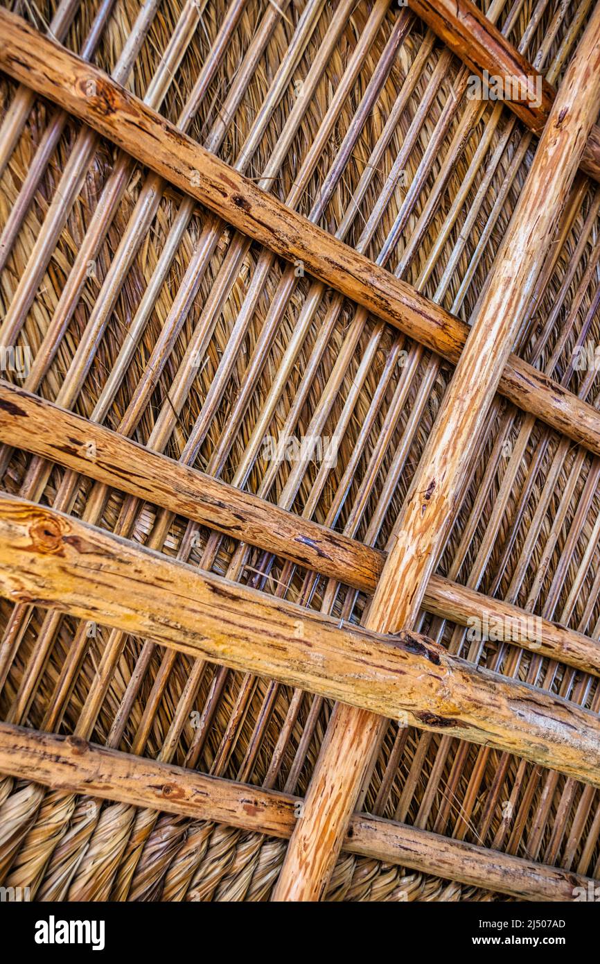 Detail of the thatched roof of hut in the courtyard at Schnebly’s, the Southernmost winery in the United States, located in Miami-Dade, Florida. Stock Photo