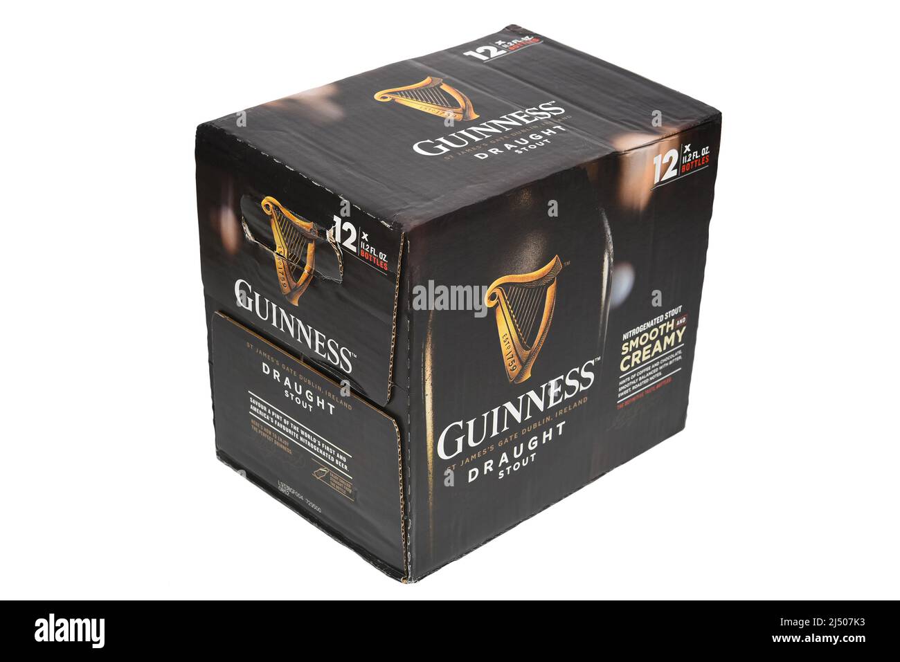 IRVINE, CALIFORNIA - 17 APR 2022: A 12 pack of Guinness Draught Stout bottles isolated on white. Stock Photo
