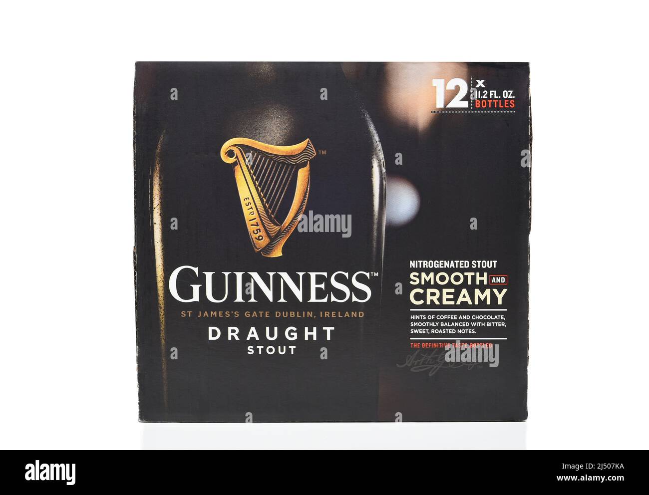 IRVINE, CALIFORNIA - 17 APR 2022: A 12 pack of Guinness Draught Stout bottles isolated on white. Stock Photo