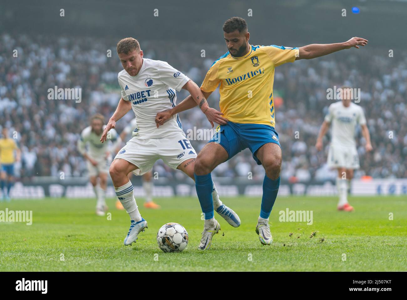 Copenhagen, Denmark. 18th Apr, 2022. Anis Ben Slimane (14) of Broendby IF and Pep Biel (16) of FC Copenhagen seen during the 3F Superliga match between FC Copenhagen and Broendby IF at Parken in Copenhagen. (Photo Credit: Gonzales Photo/Alamy Live News Stock Photo