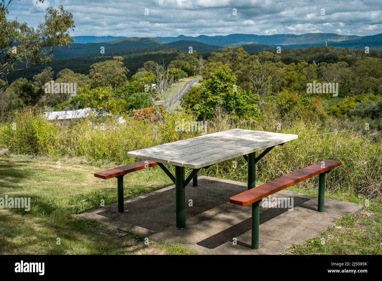 Picnic table in a picturesque location at Cunninghams Crest Lookout, Laidley, Queensland, Australia Stock Photo