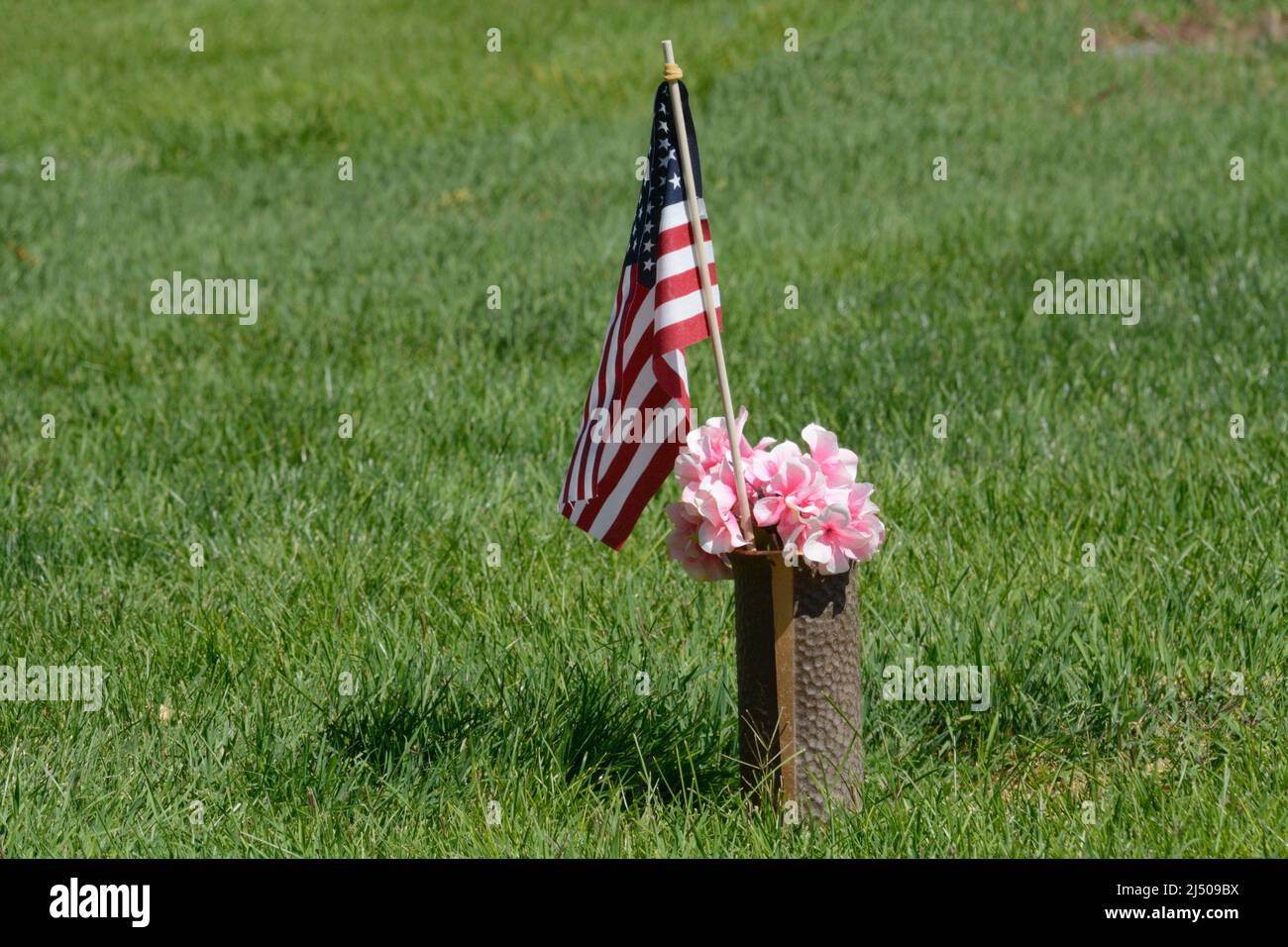 American flag in vase with pink artificial fabric flowers decorating veteran's grace Stock Photo