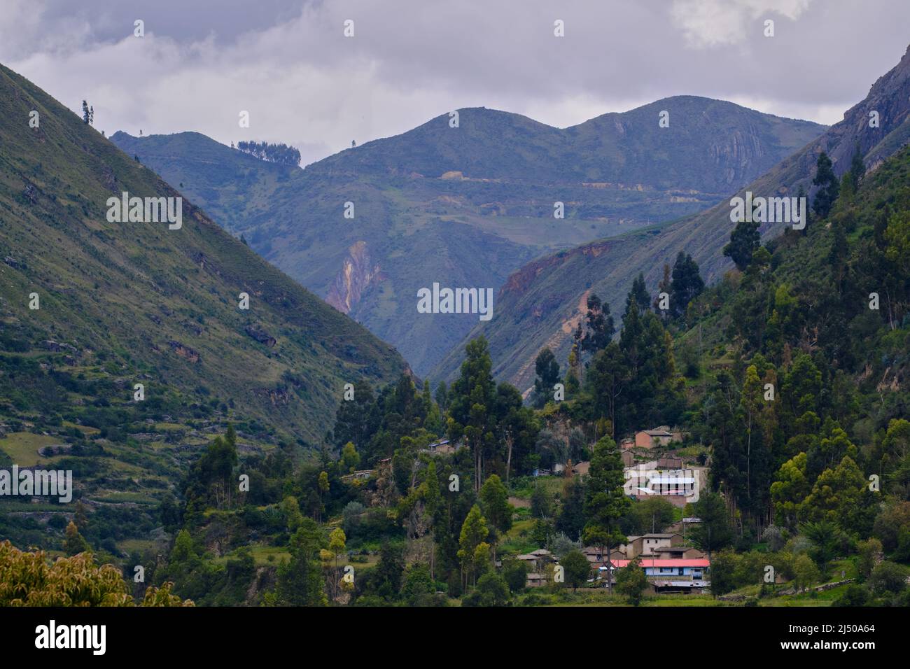Fabulous view of a small town in the interior of the Andes, the town is called Soccos in Carhuapaccha, Chupuro, Huancayo, Junin. Stock Photo