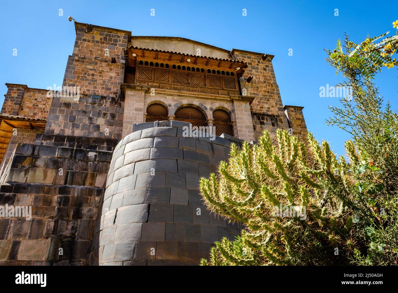 Convent of Santo Domingo and church built on top of Coricancha Temple Incan ancient city ruins in Cusco, Sacred Valley, Peru Stock Photo