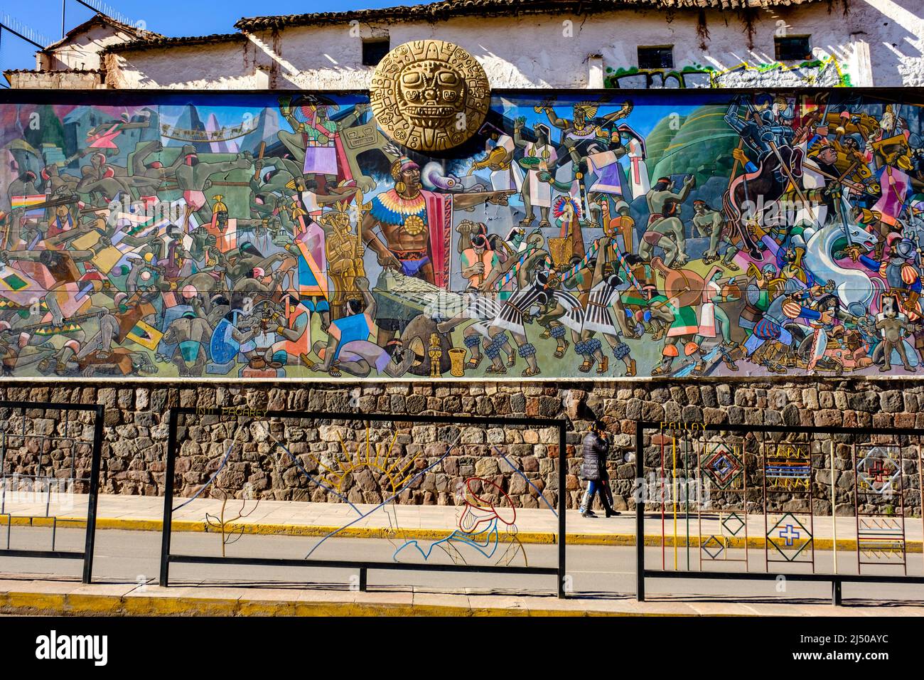 The Great Mural of the History of Cusco by artist Juan Bravo Vizcarra, Avenida el Sol, Cusco, Peru. Stock Photo