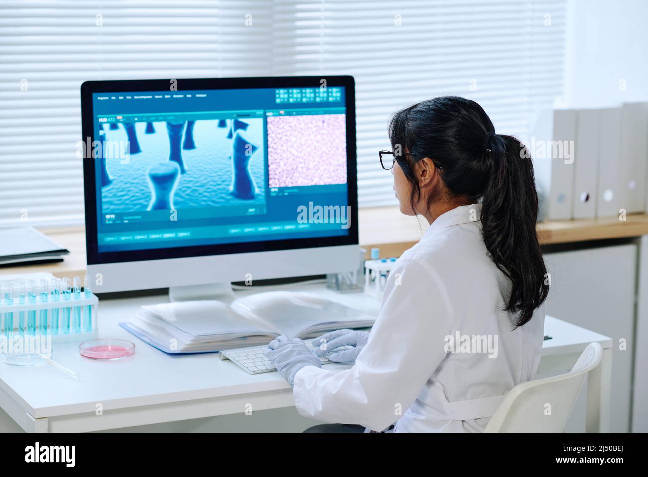 Young female scientist or virologist with dark long hair studying new strain of coronavirus in front of computer screen in laboratory Stock Photo