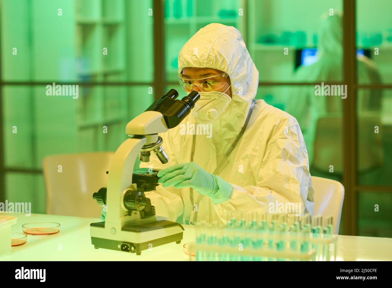 Young female scientist in protective biohazard suit, respirator, gloves and eyeglasses looking in microscope while studying new virus or bacteria Stock Photo