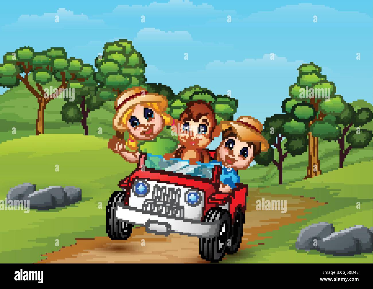 Happy children and monkey riding a red car on the road to forest Stock ...