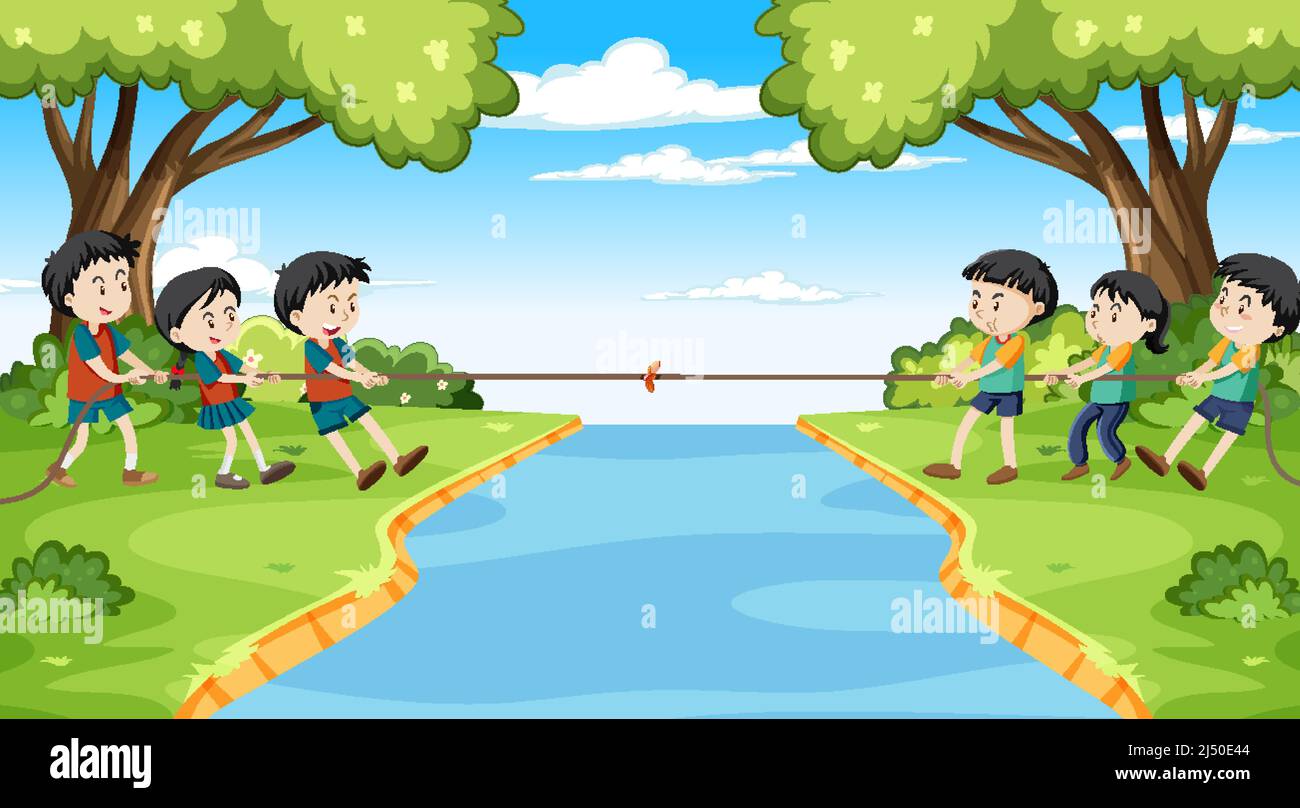 Children playing pulling rope together illustration Stock Vector Image &  Art - Alamy