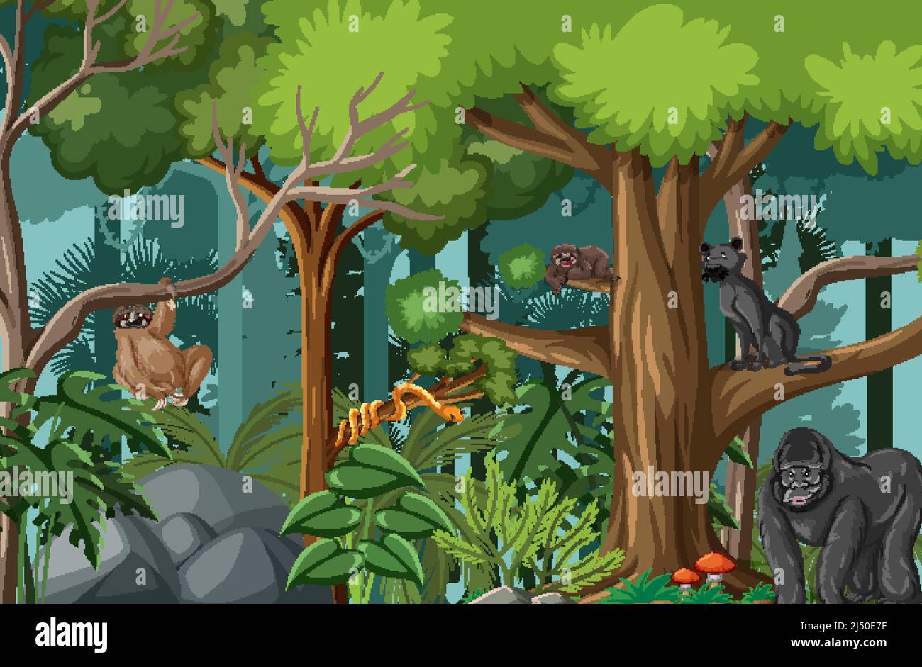 Wild animals in nature forest scene illustration Stock Vector Image ...