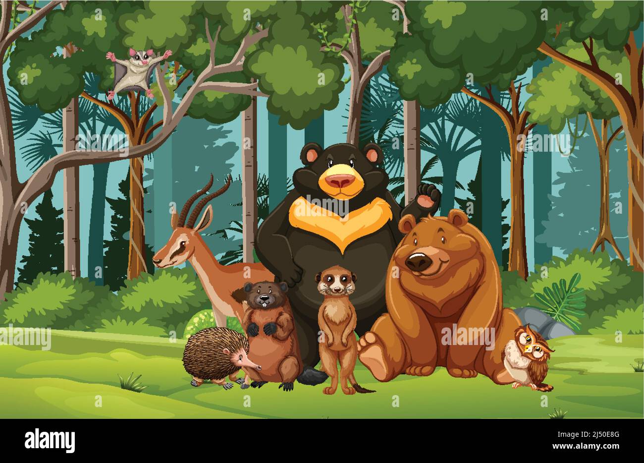 Group of wild animals in nature forest scene illustration Stock Vector ...
