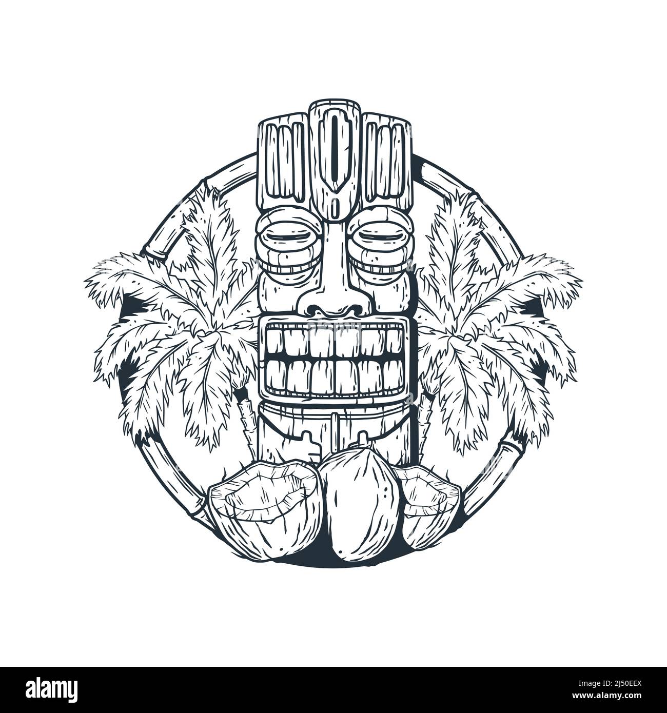 Tiki mask and tropical fruits. Exotic palm and coconut for summer