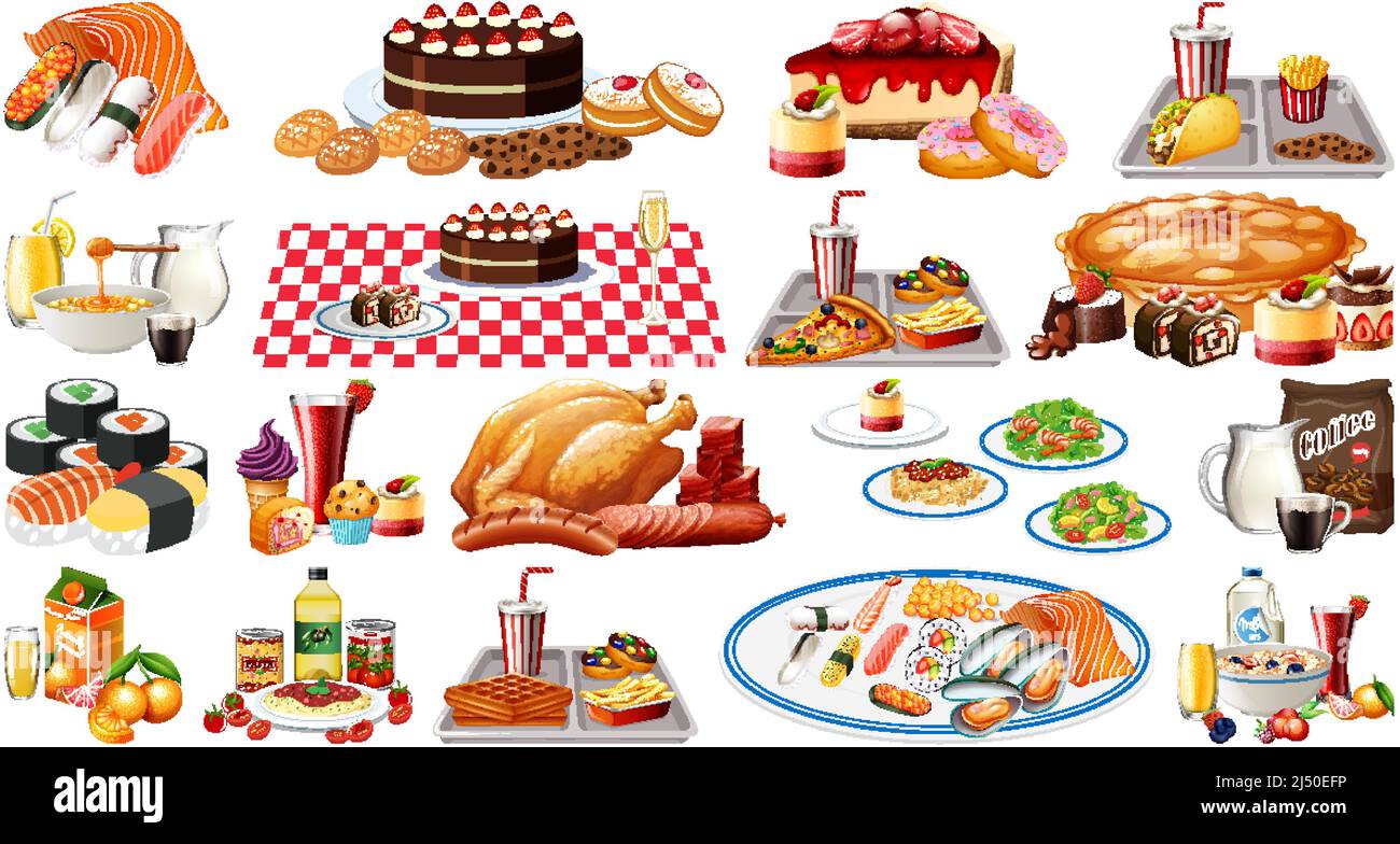 Foods and beverages set illustration Stock Vector Image & Art - Alamy