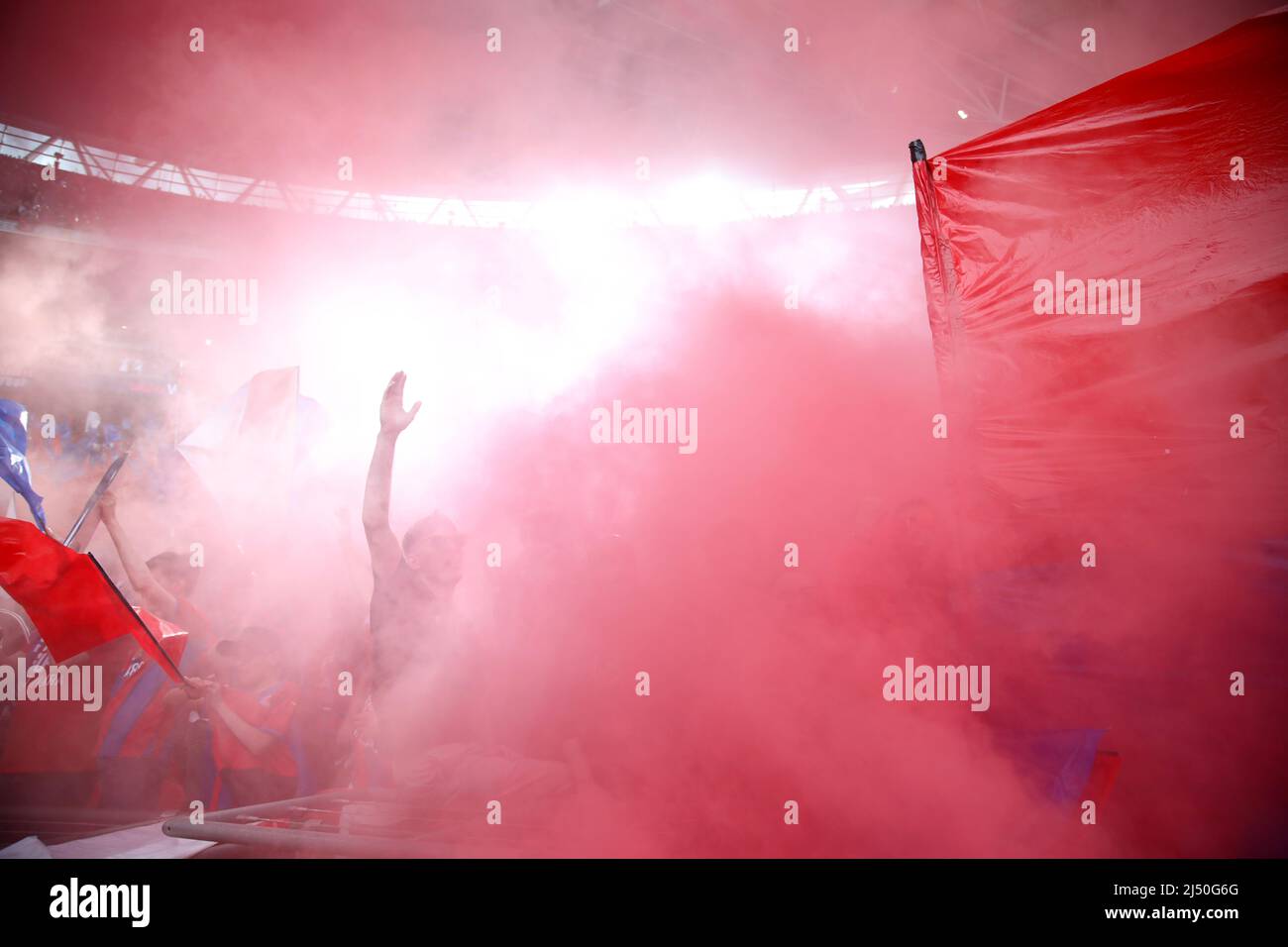 London, UK. 17th Apr, 2022. Palace fans after a red flare was set off at the Emirates FA Cup Semi-Final of Chelsea v Crystal Palace at Wembley Stadium, London, UK on 17th April 2022. Credit: Paul Marriott/Alamy Live News Stock Photo