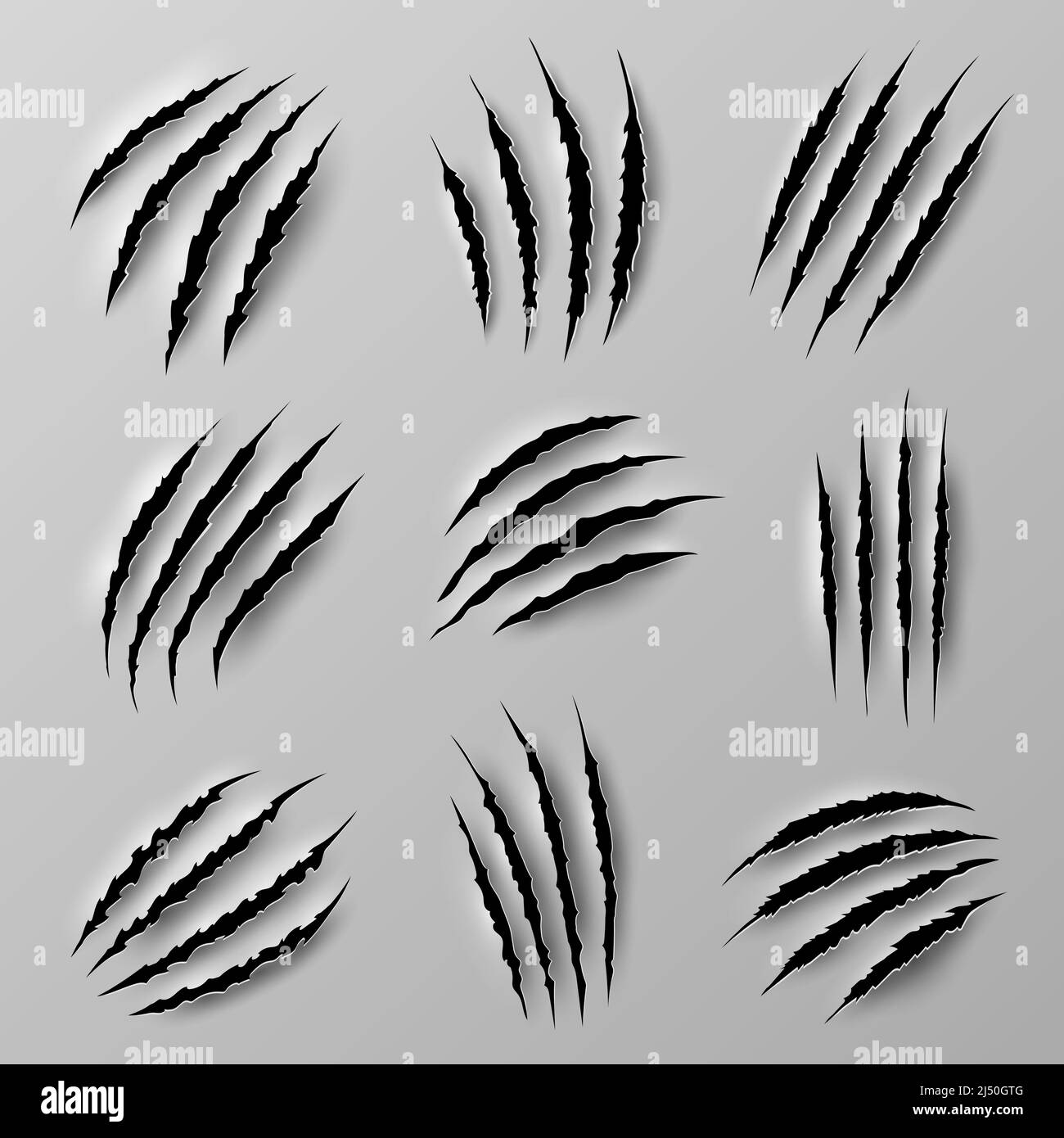 Claw marks scratches of wild animals. Monster, lion or bear paw nails traces on wallpaper with poles and torn edges. Horror beast, werewolf or cat 3d realistic vector claws strike trails ripping paper Stock Vector