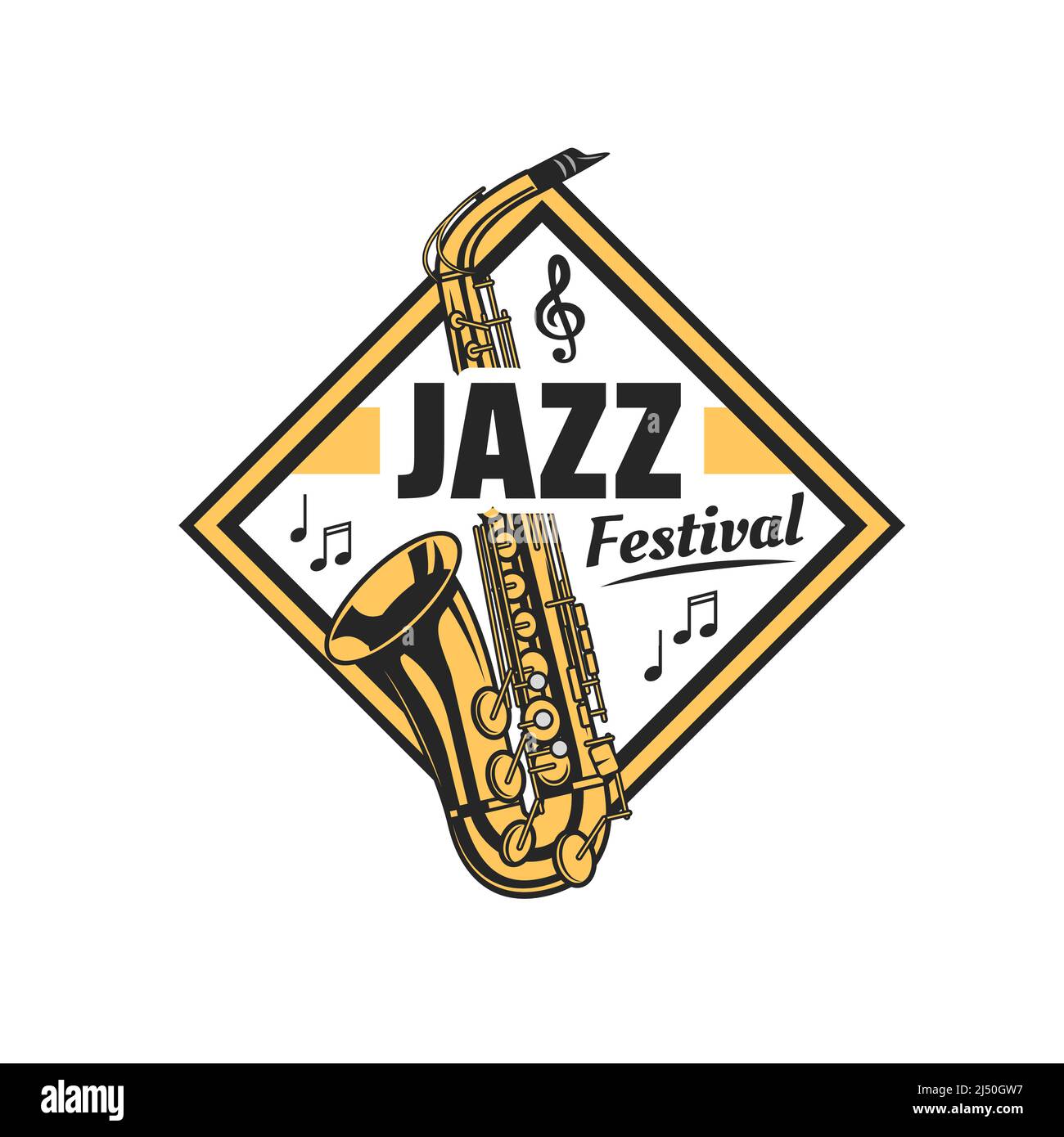 Jazz festival icon with saxophone, music notes and treble clef. Sax, vector brass musical instrument and notation symbols isolated badge of jazz fest concert, live music party, blues show or event Stock Vector