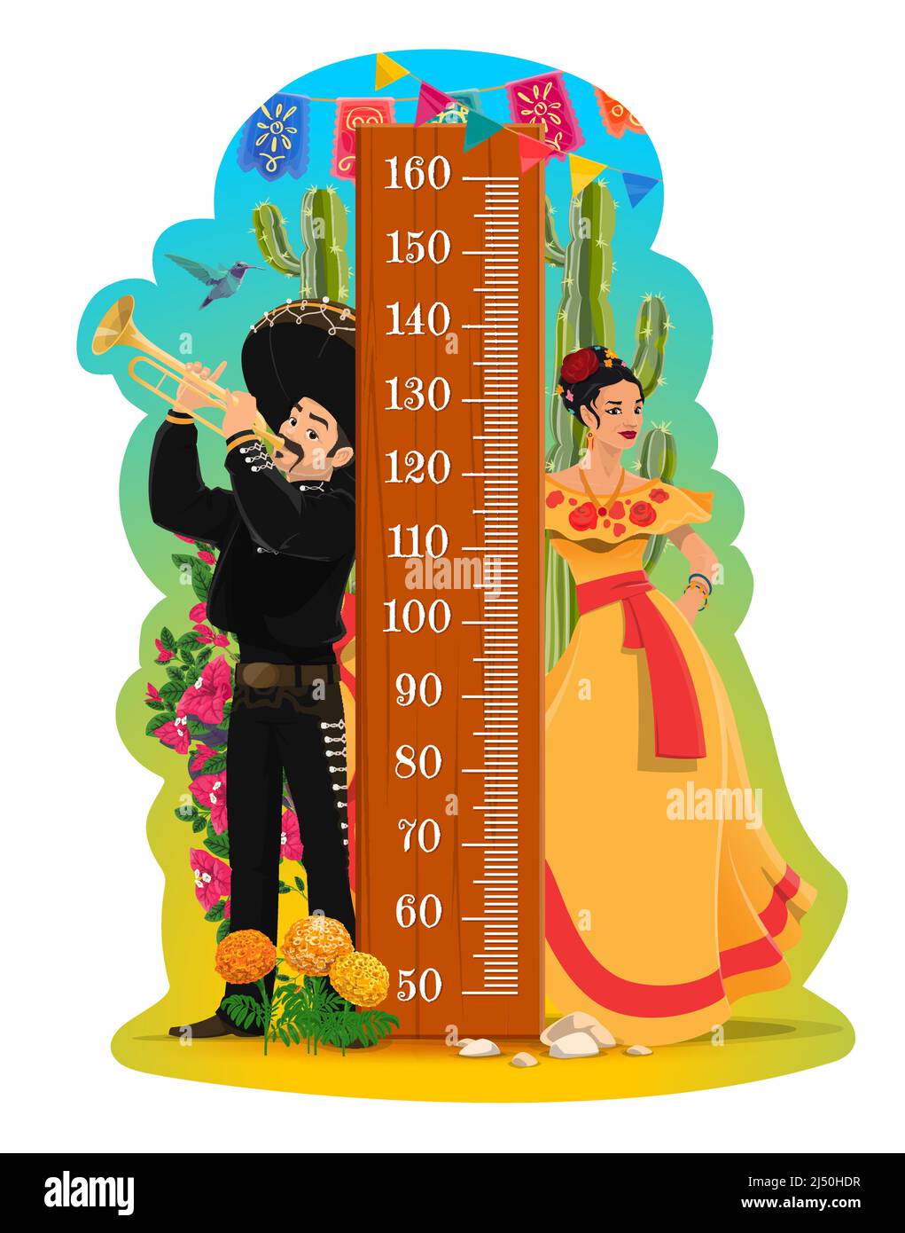 Kids height chart, Mexican mariachi and woman vector growth meter for