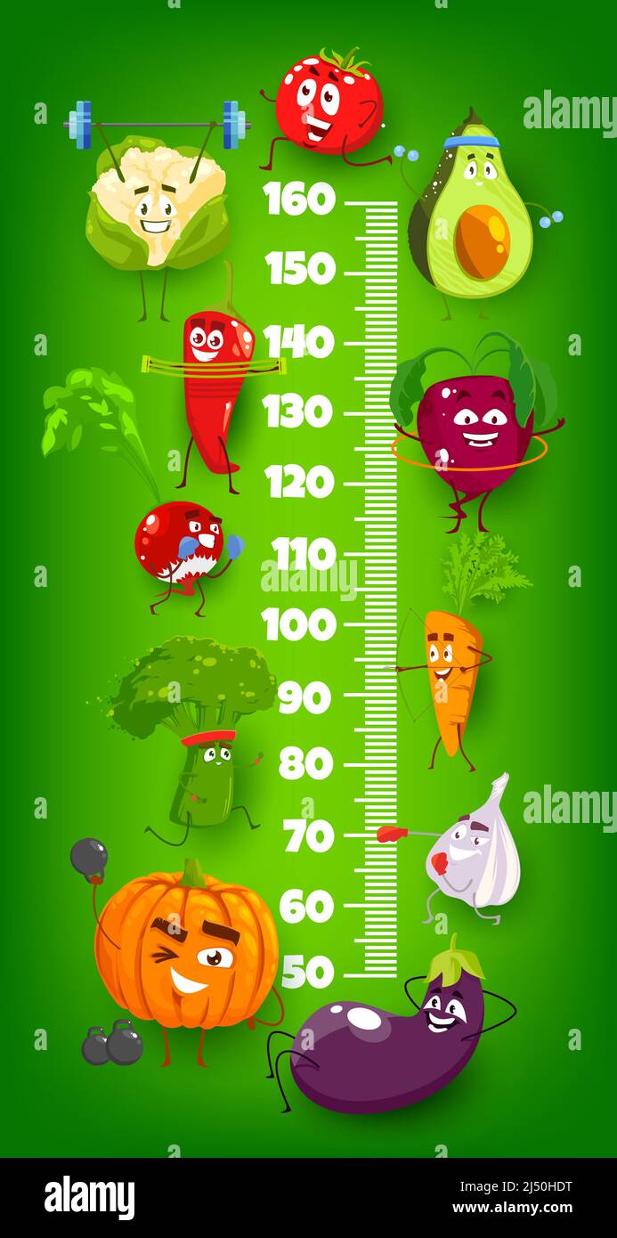 Kids height chart cartoon vegetable athletes growth meter. Vector  stadiometer ruler with funny veggie carrot and eggplant, beet and avocado,  tomato and radish, garlic. Wall sticker for height measure Stock Vector  Image