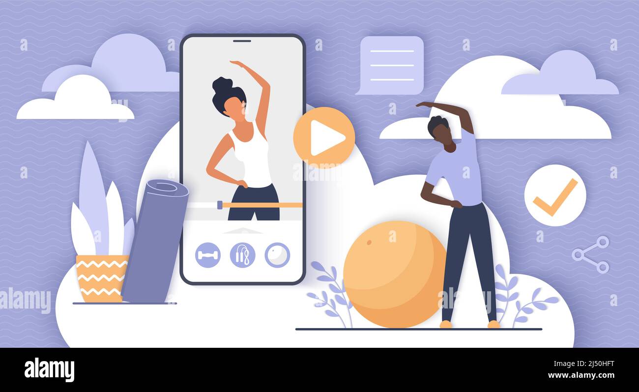 Online yoga app for mobile phone. Tiny people training with teacher to