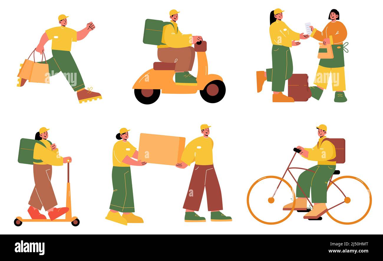 Delivery service workers, couriers with backpack on bike, scooter ...