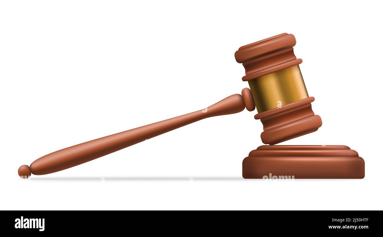 3d judge gavel in court table vector illustration. Realistic wooden hammer, ancient symbol of law, adjudication and judicial order, mallet of judiciary isolated on white. Justice, judgement concept Stock Vector