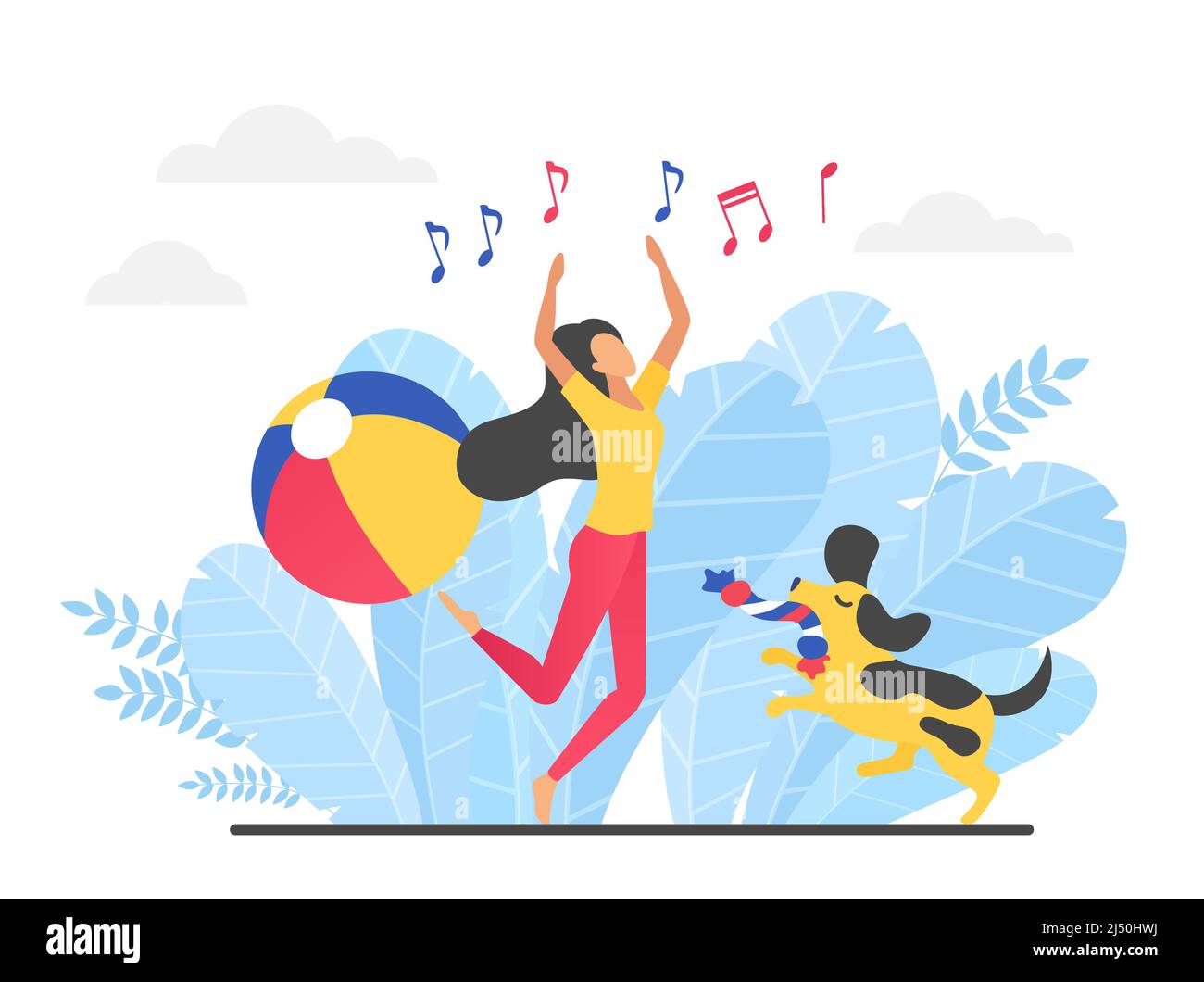 Girl enjoying the happy musical moment with her pet. Listening to music and no worries mood Stock Vector