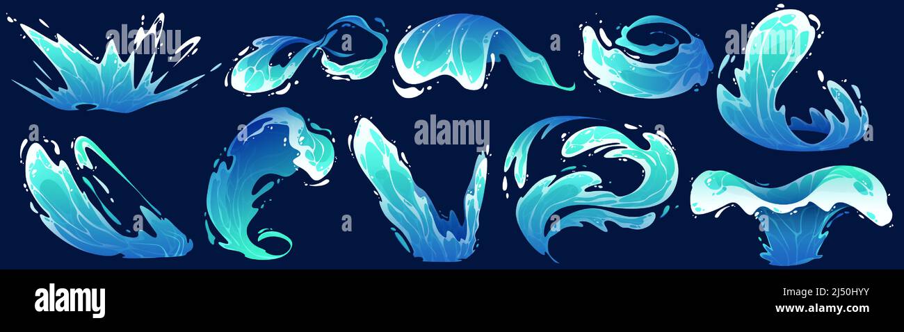 Water splash, vfx game cartoon video effects set. 2d liquid drops, crowns, flow and falling swirls Water splash, vfx game cartoon video effects set. 2d liquid drops, crowns, flow and falling swirls