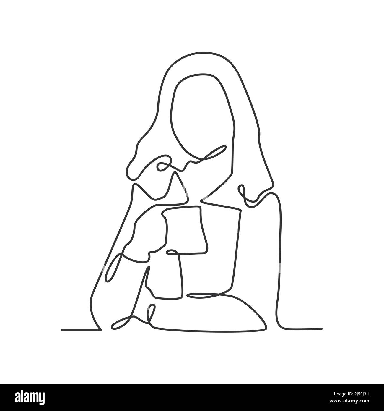 Business Woman Drinking Coffee Office Work Concept Continuous Line Drawing Illustration Stock Vector