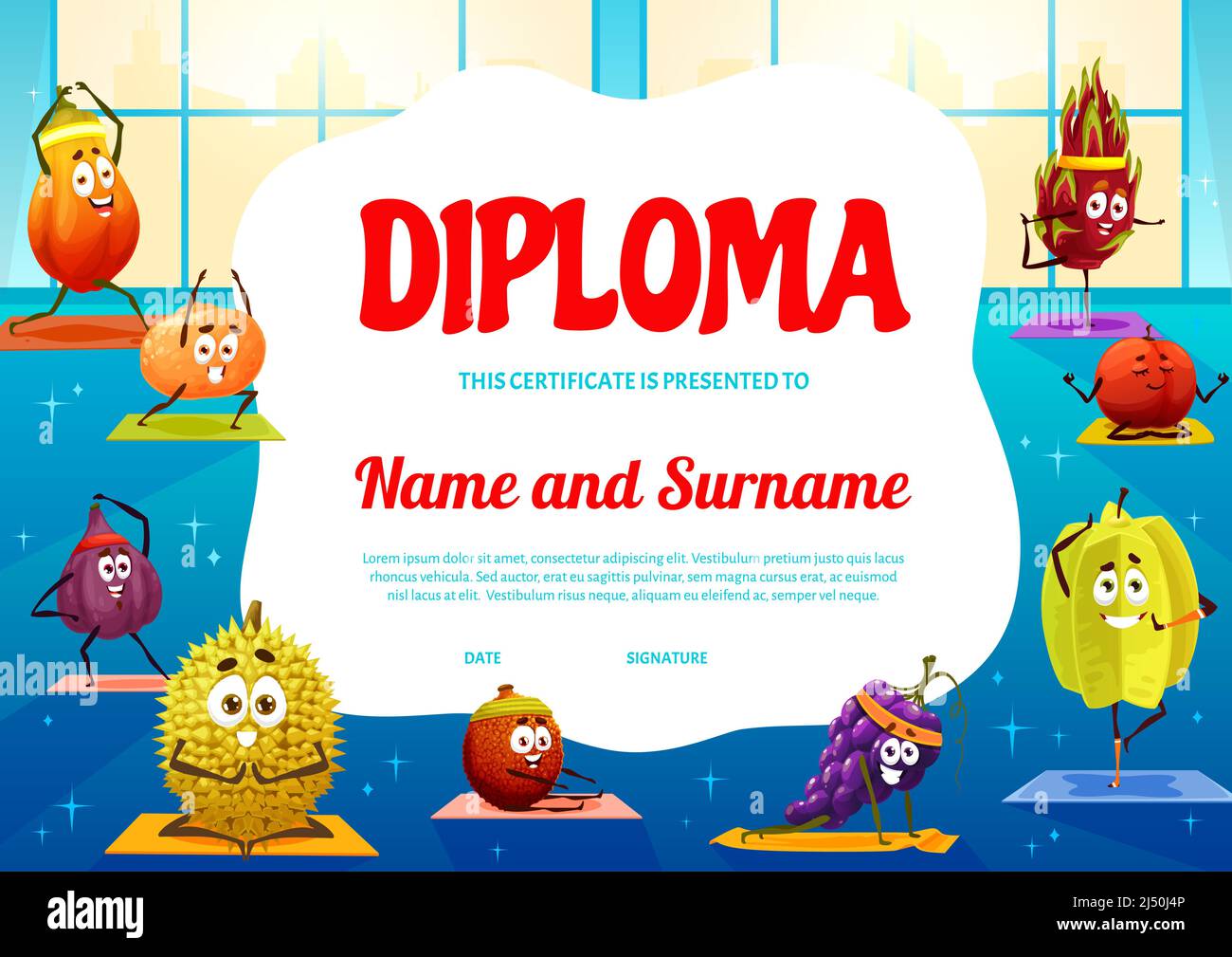 Kids yoga diploma with cartoon tropical fruit characters, certificate ...