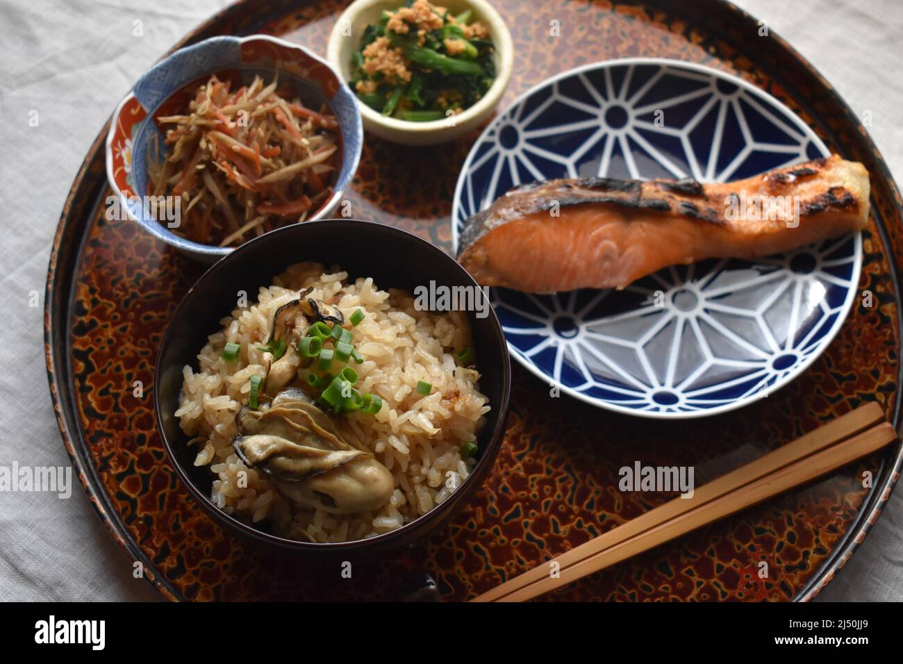 Rice Steamed with Oyster and Side Dish, Japanese Food Stock Photo Alamy