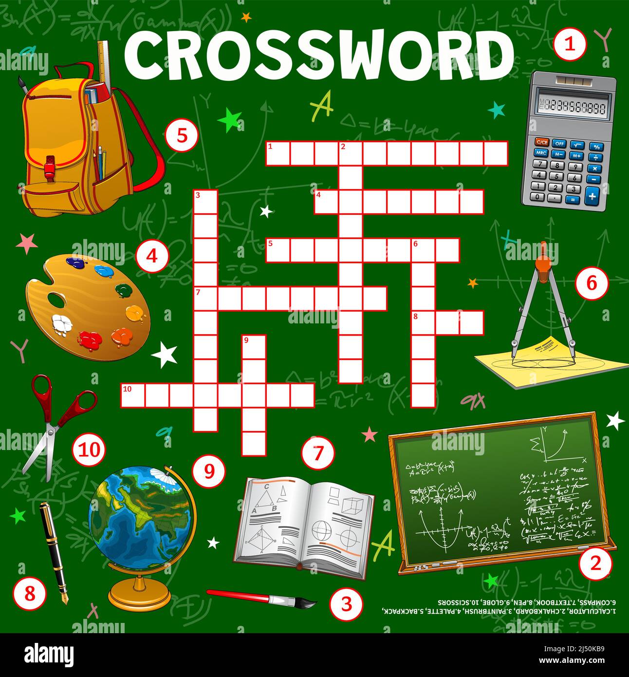 School stationery, crossword grid worksheet, find a word quiz game
