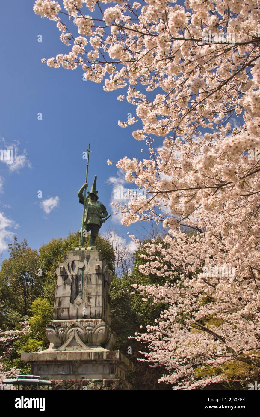 Statue of Kato Kiyomasa and Cherry Blossom, Kumamoto Prefecture, Japan ...