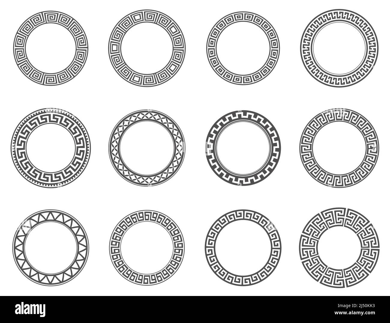 Circle greek frames. Round meander borders. Decoration elements patterns. Vector illustration isolated on white background. Stock Vector
