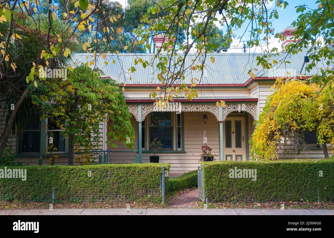 Victorian-era weatherboard home in the gold rush-era town of Lancefield outside Melbourne, Australia Stock Photo