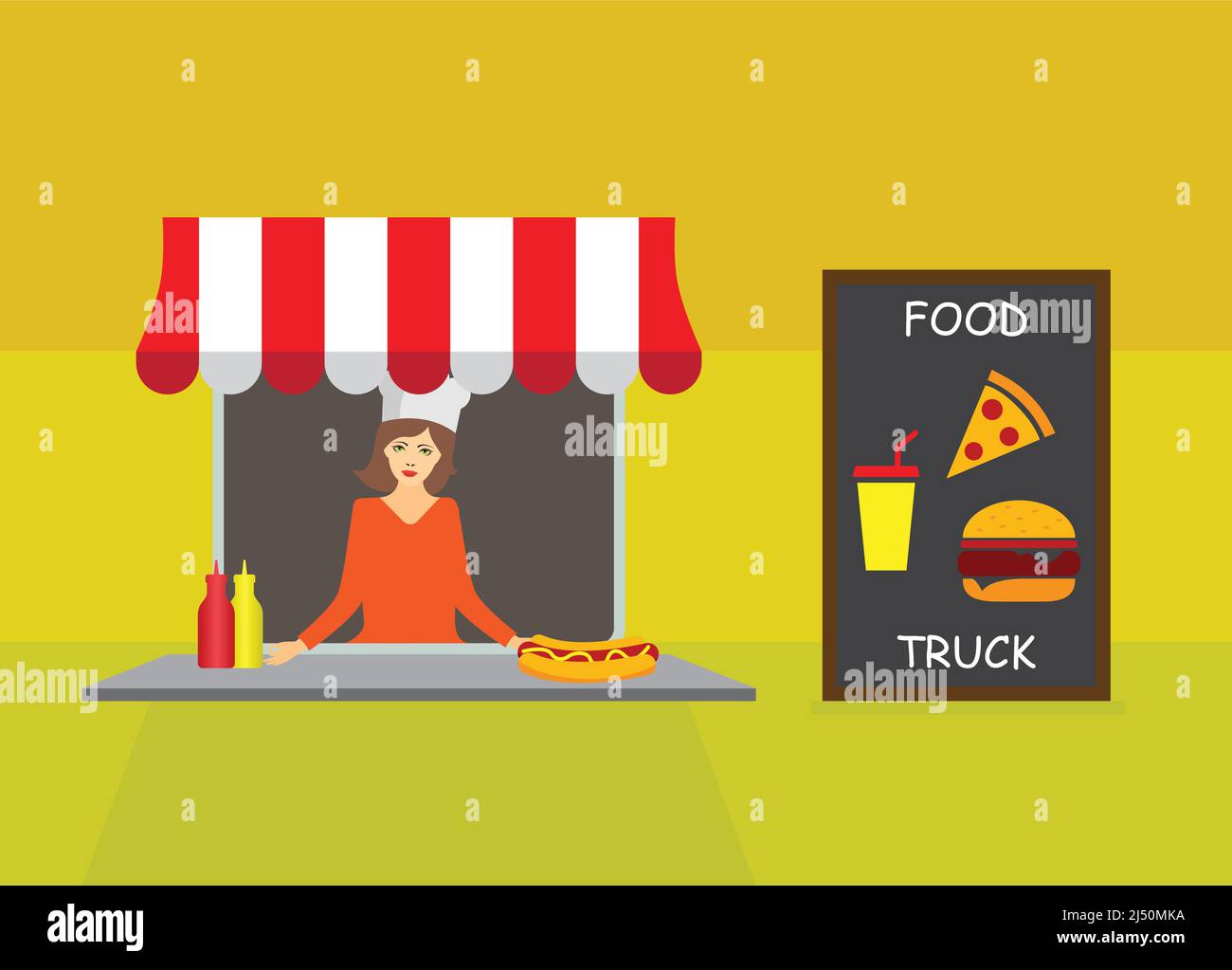 Woman in a food truck selling pizza, burger, hotdog and juices Stock Vector