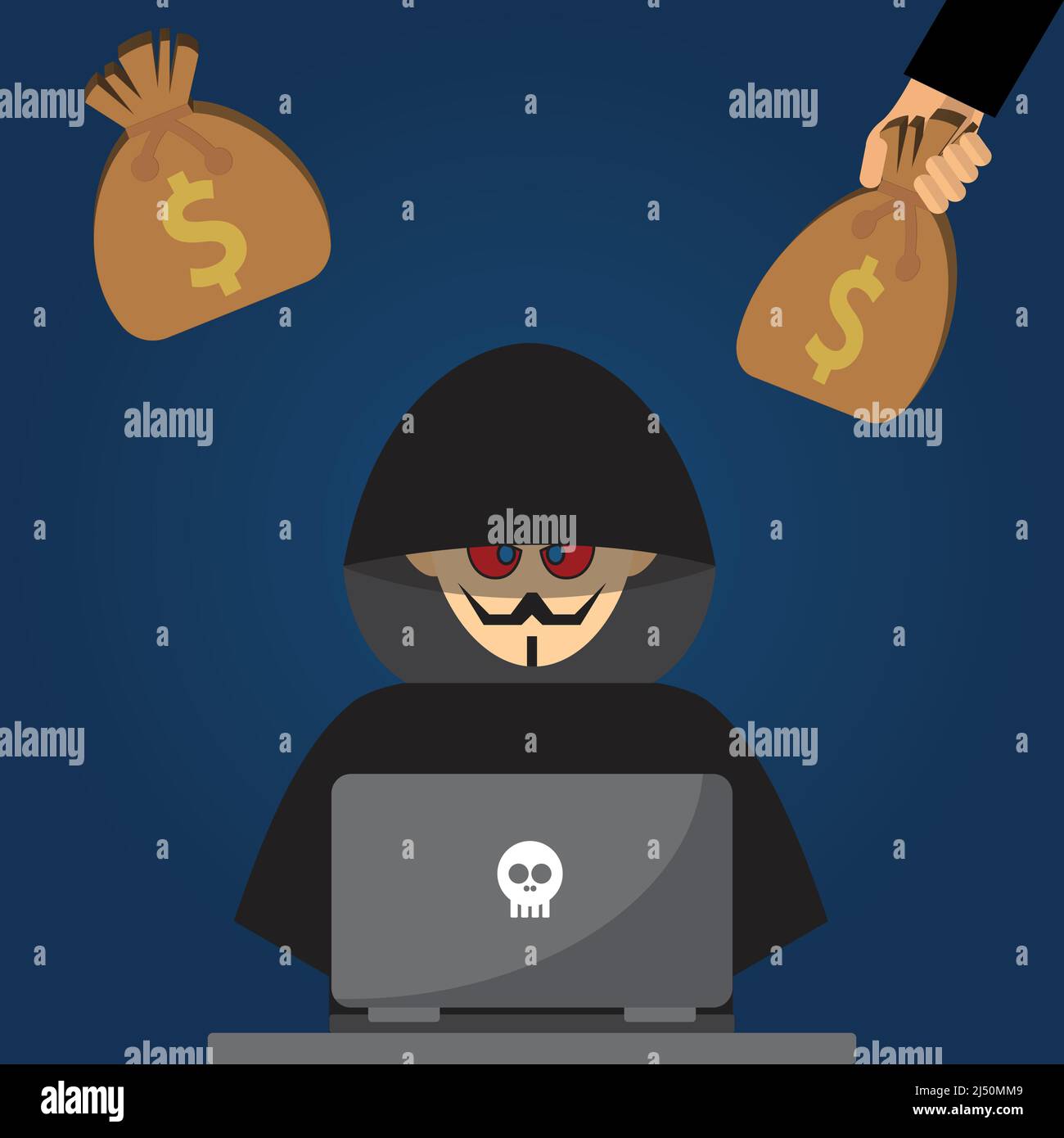 Hacker dressed in black in front of a laptop and a hand offering a sack with dollar symbol on it Stock Vector