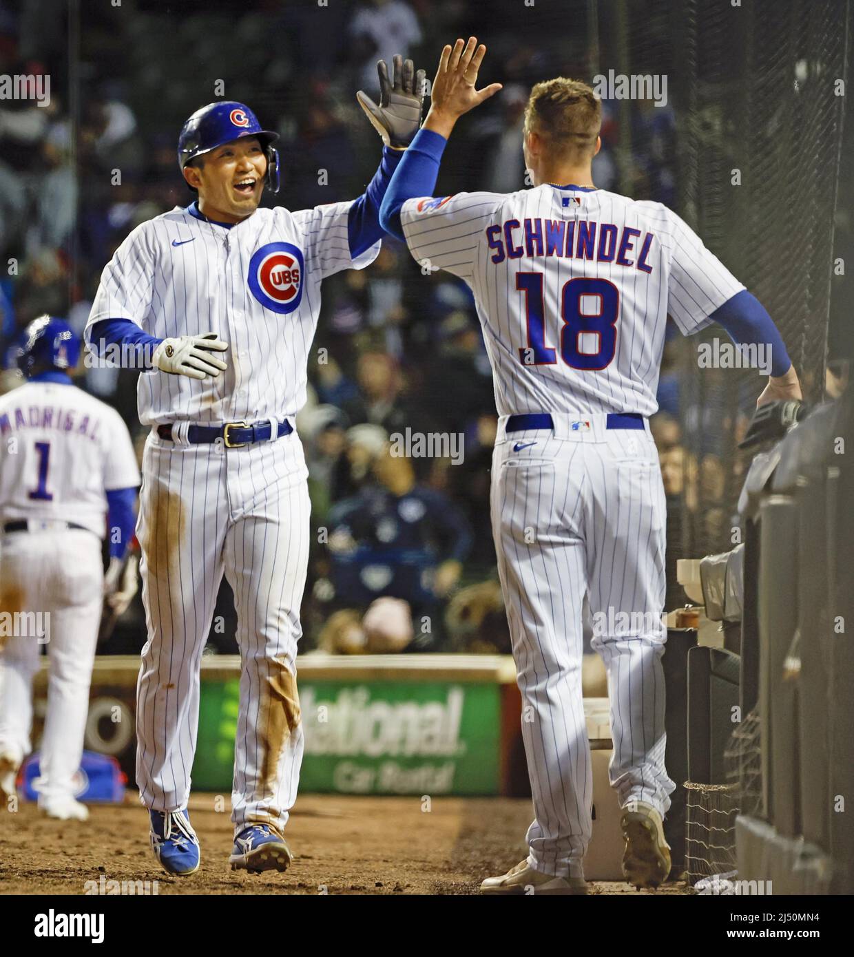 The Chicago Cubs' Seiya Suzuki (L) high fives Frank Schwindel after scoring  a run in the seventh inning of a baseball game against the Tampa Bay Rays  on April 18, 2022, at
