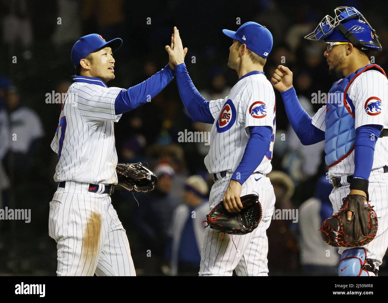 The Chicago Cubs' Seiya Suzuki (L) celebrates with teammates after a 4-2  win over the Tampa Bay Rays in a baseball game at Wrigley Field in Chicago  on April 18, 2022. (Kyodo)==Kyodo