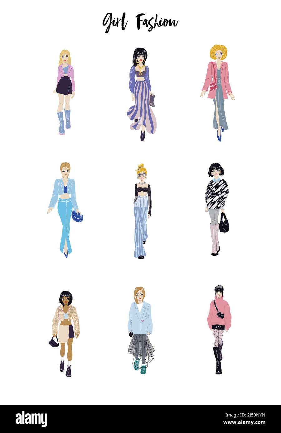 Collection of stylish young women dressed in trendy clothes. Vector ...
