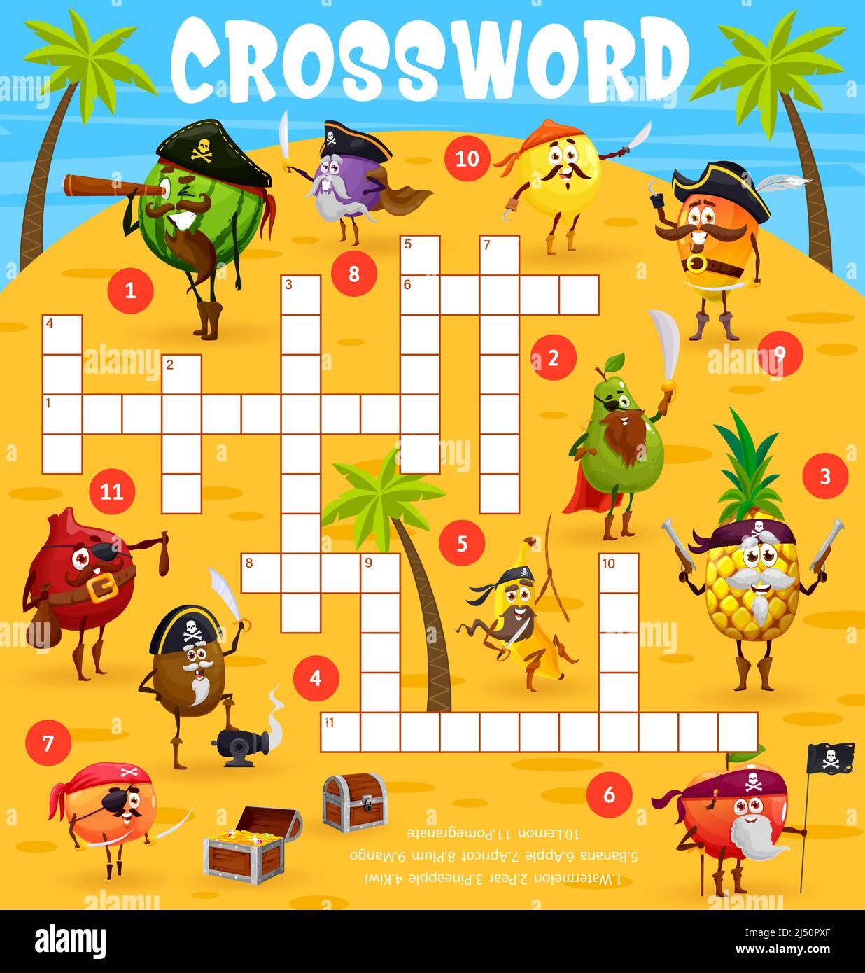 Cartoon funny fruit pirates characters on island crossword puzzle game Cartoon funny fruit pirates characters on island crossword puzzle game