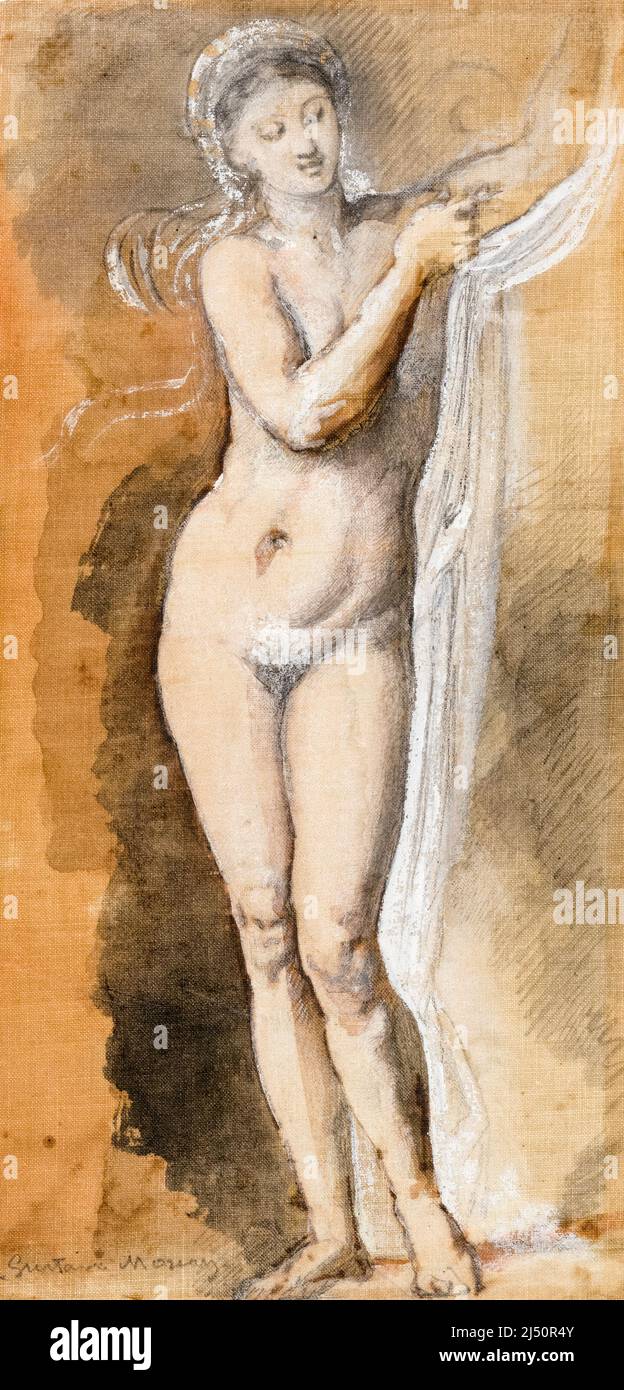 Gustave Moreau, Femme nue, (étude avec drap), painting in oil and watercolour with wash over ink and pencil on linen, before 1898 Stock Photo