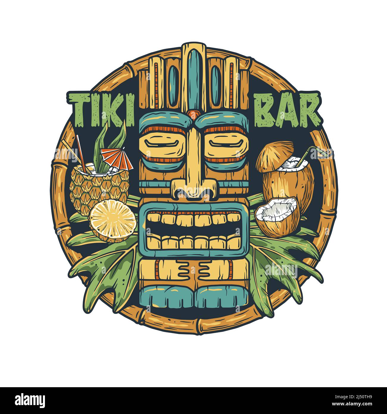 Tiki bar of hawaii with tiki mask, pineapple and coconut cocktail and tropical leaves for summer