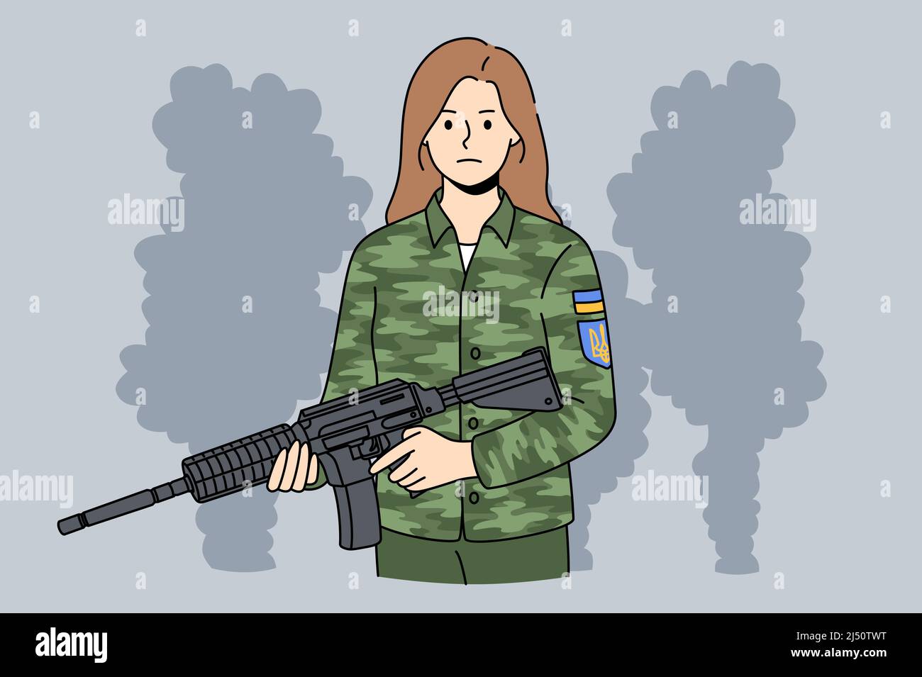 Portrait of Ukrainian woman soldier in military uniform with gun fight on war for independence. Courageous female with rifle participate protect country in Ukraine Russia war. Vector illustration.  Stock Vector